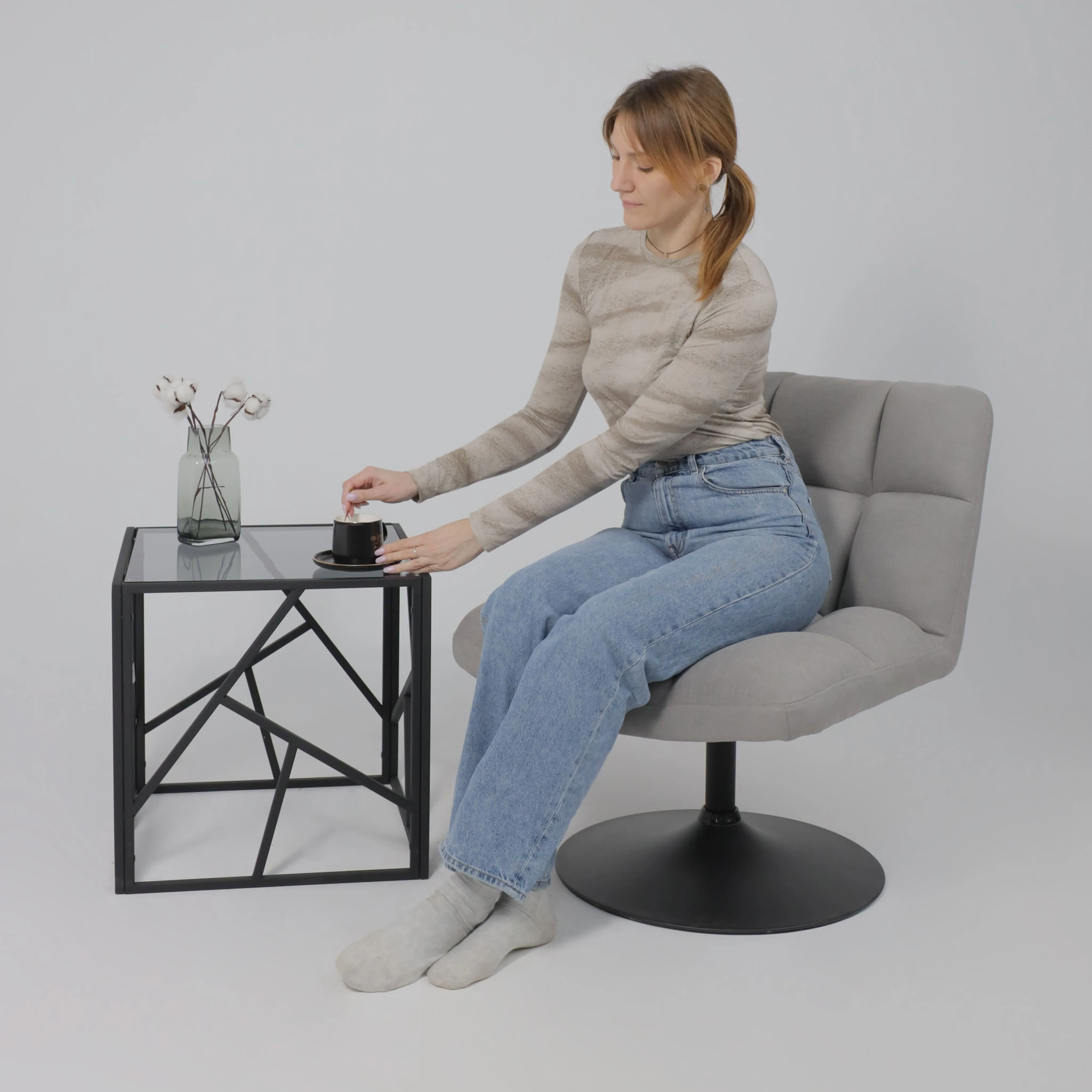 Кресло GRANDE, поворотное, серая ткань Linen Fabric-11/черный