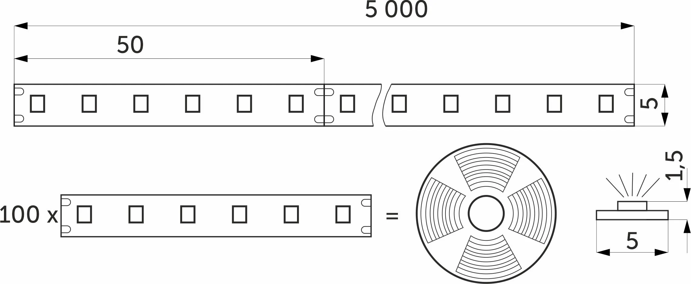 Лента светодиодная - 9,6W/m, 24V, 5мм узкая, 2835, 120 д/м, IP20, теплый белый (3000K), CRI>80, 1100 Lm, 5м, AKS