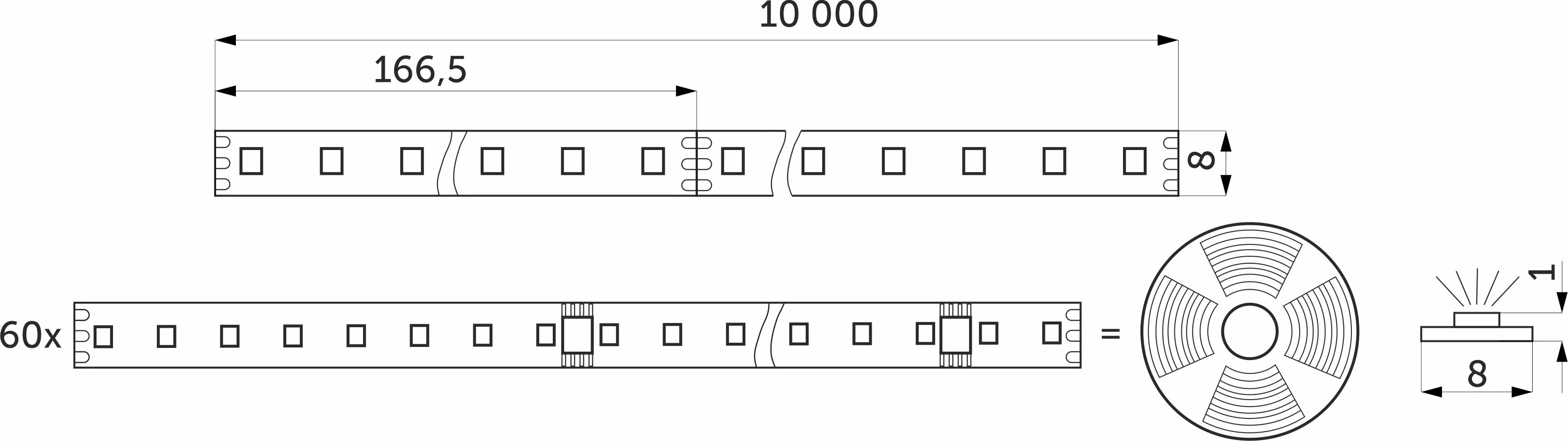 Лента светодиодная SPI ("Бегущий огонь") - 12W/m, 24V, 8мм, 2835, 126 д/м, IP20, теплый белый (3000K) - 10м, AKS