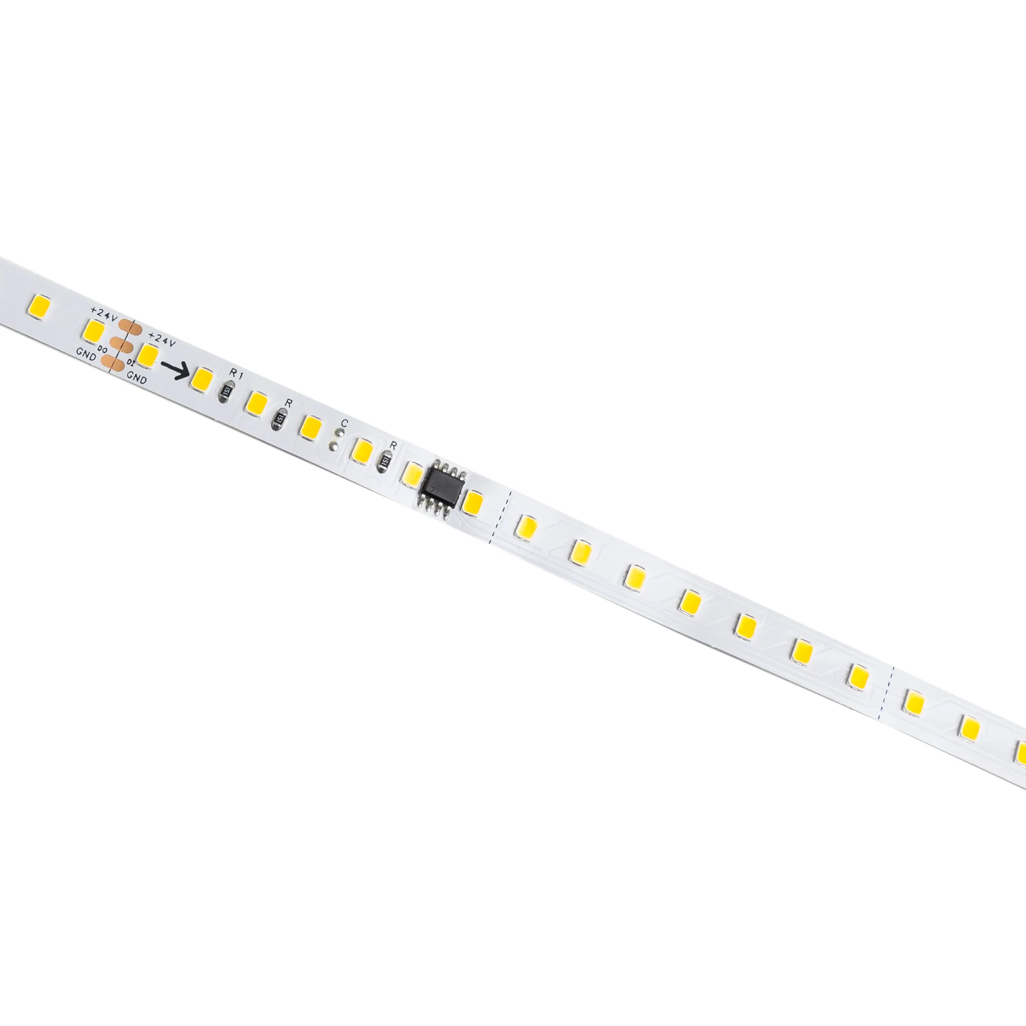 Лента светодиодная SPI ("Бегущий огонь") - 12W/m, 24V, 8мм, 2835, 126 д/м, IP20, теплый белый (3000K) - 10м, AKS