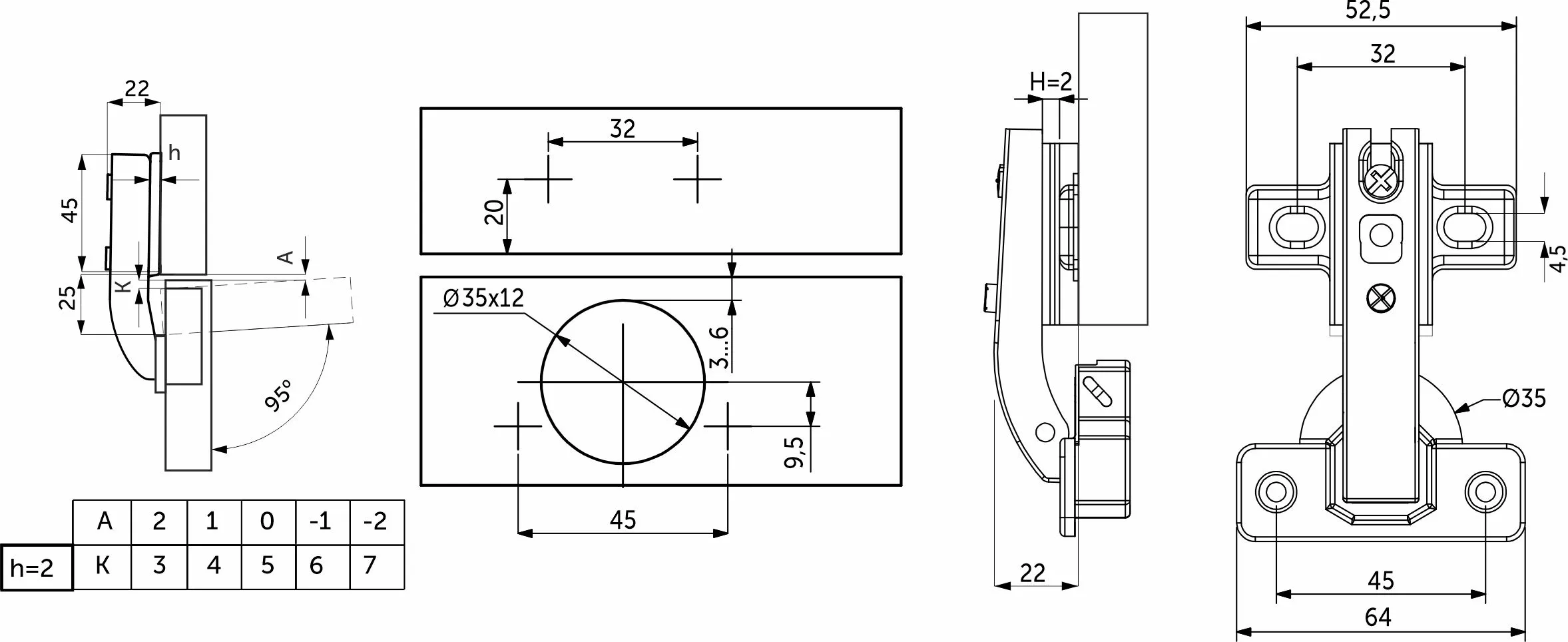 Петля под фальшпанель 90° с пружиной 45мм h2 slide-on AKS