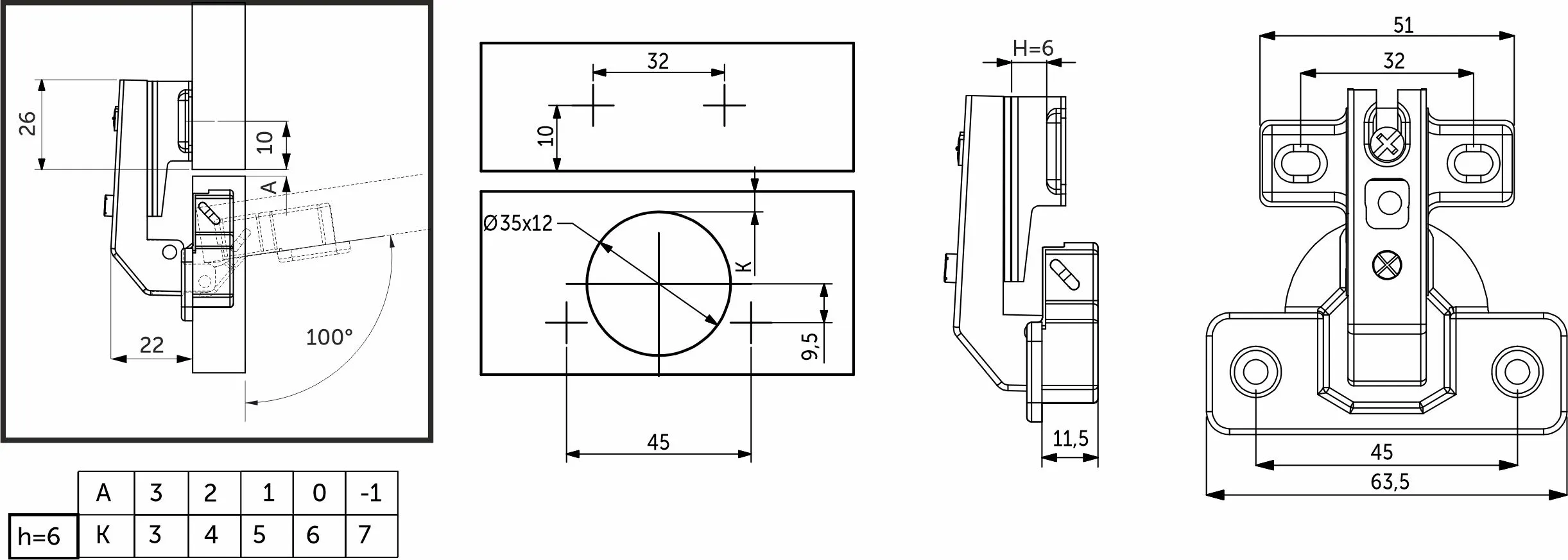 Петля под фальшпанель 90° с пружиной 45мм h6 slide-on AKS короткое плечо