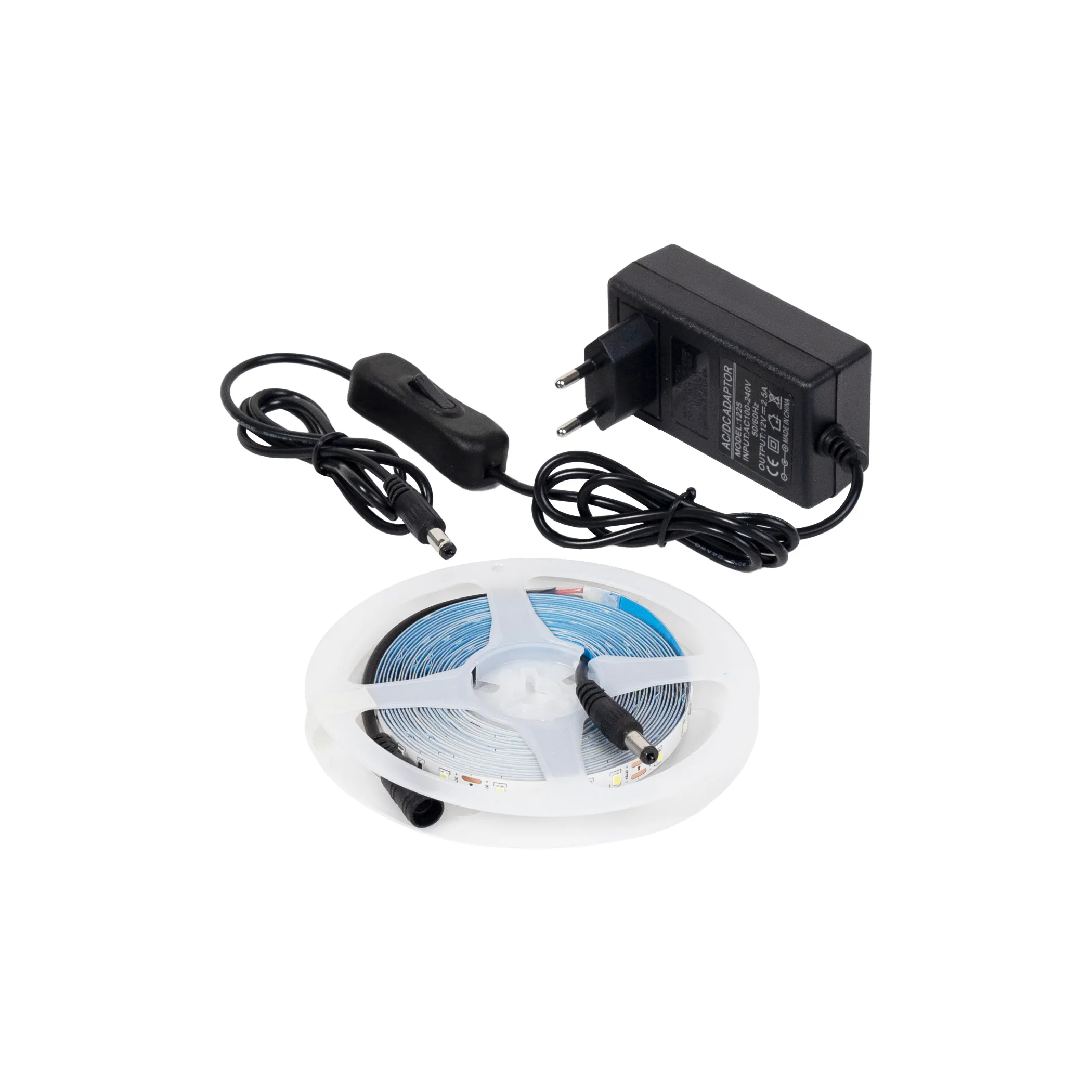 Лента светодиодная - 9,6W/m, 12V, 8мм, 2835, 120 д/м, IP20, нейтральный белый (4000K) - 5м, + блок питания, AKS