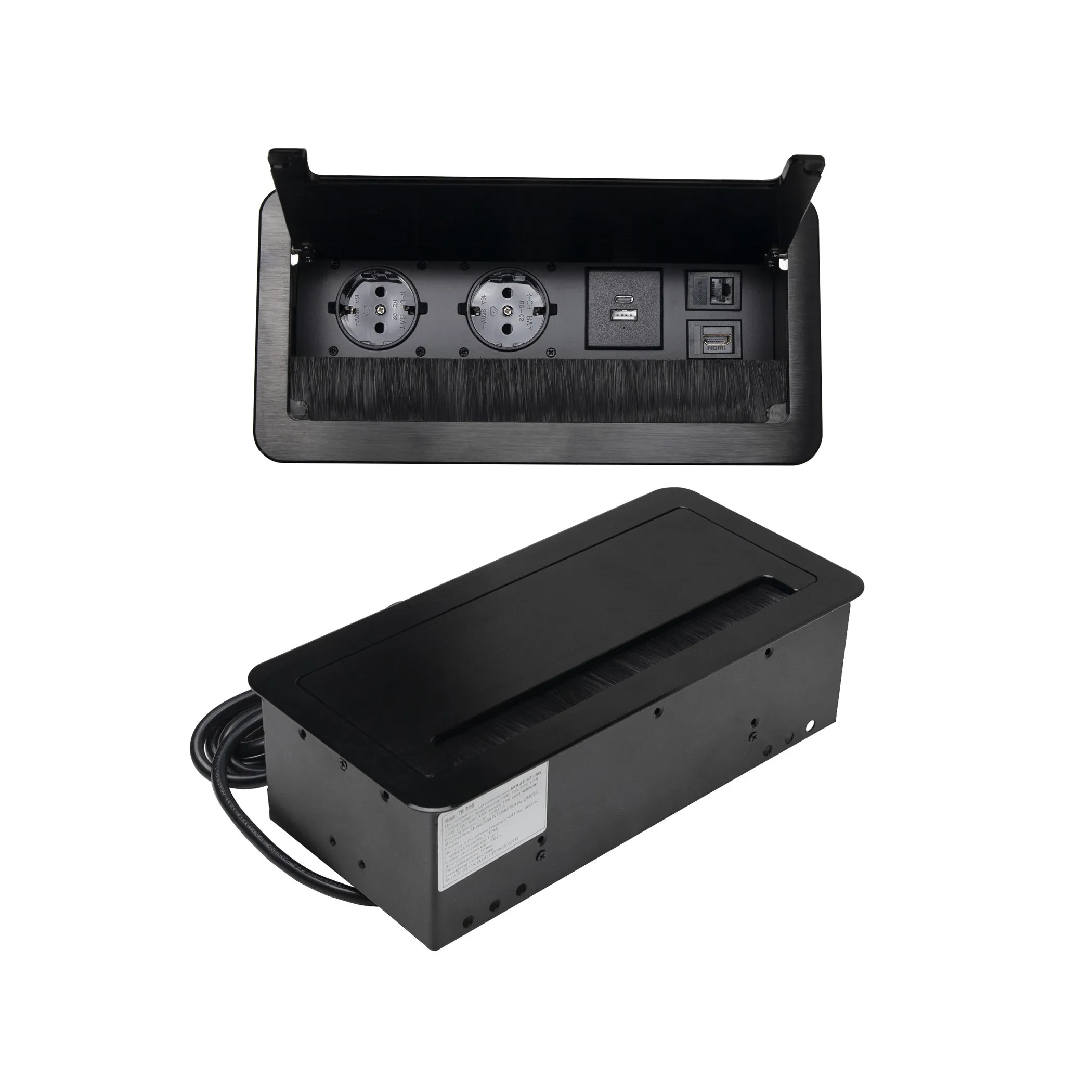 Выдвижной удлинитель Atlas USB, 2 розетки, 2xUSB A, HDMI, LAN, черный, AKS