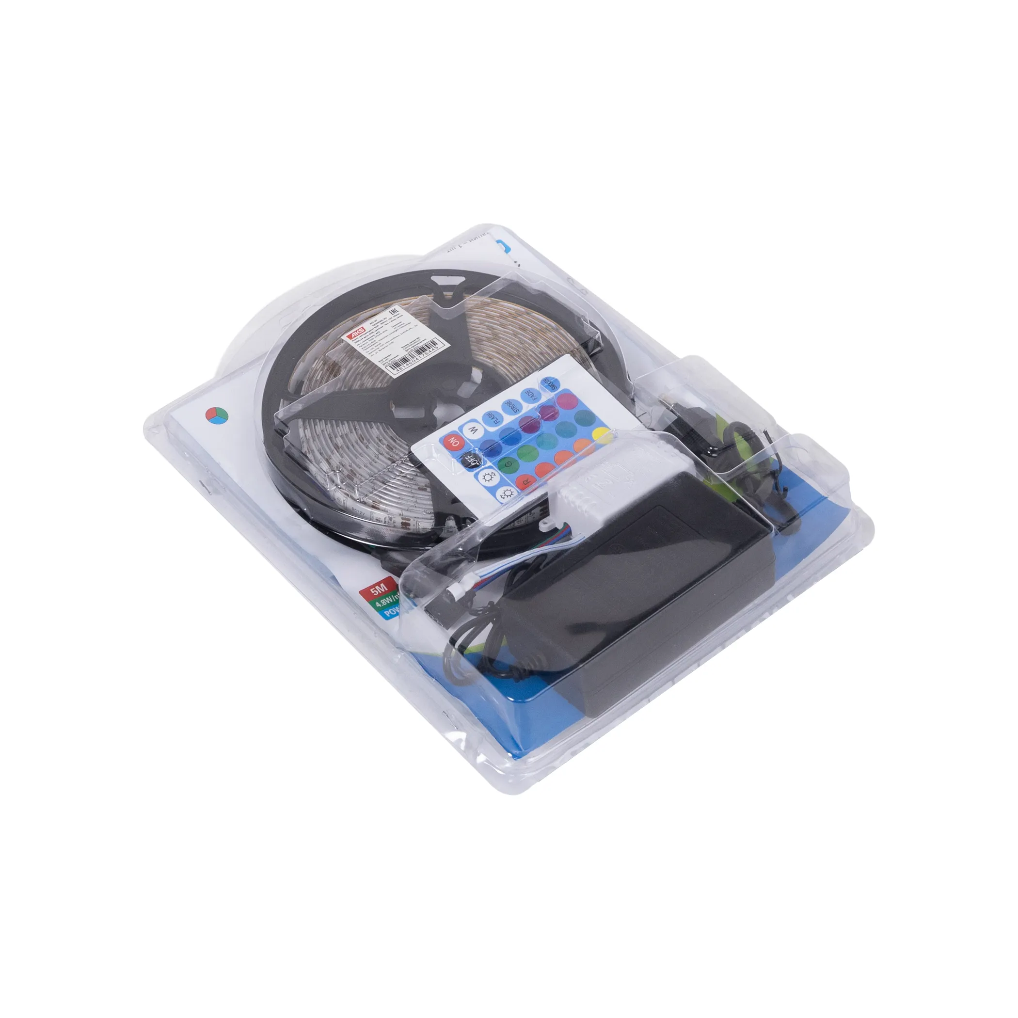 Лента светодиодная RGB влагостойкая - 4,8W/m, 12V, 10мм, 5050, 54 д/м, IP65, цветная - 5м, + блок питания + контроллер, AKS