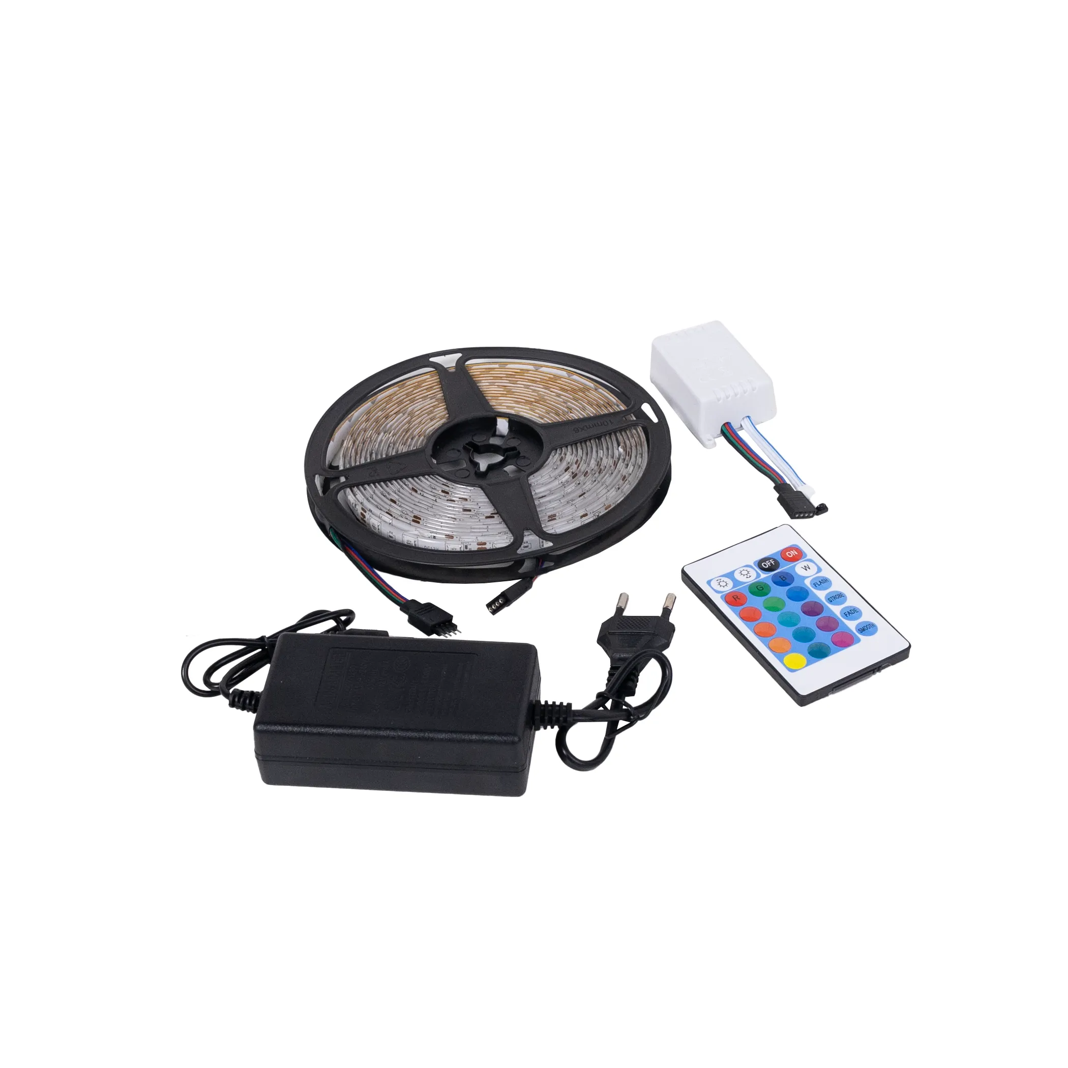 Лента светодиодная RGB влагостойкая - 4,8W/m, 12V, 10мм, 5050, 54 д/м, IP65, цветная - 5м, + блок питания + контроллер, AKS