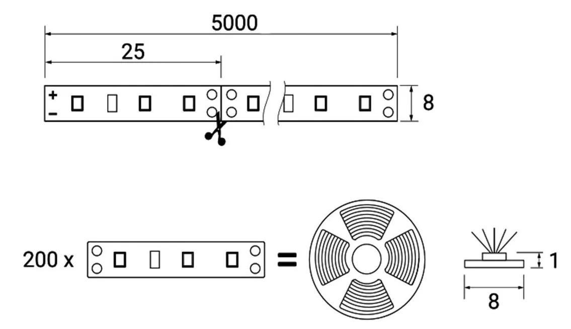 Лента светодиодная влагостойкая - 9,6W/m, 12V, 8мм, 2835, 120 д/м, IP65, хол. бел (10000К), 5м, AKS