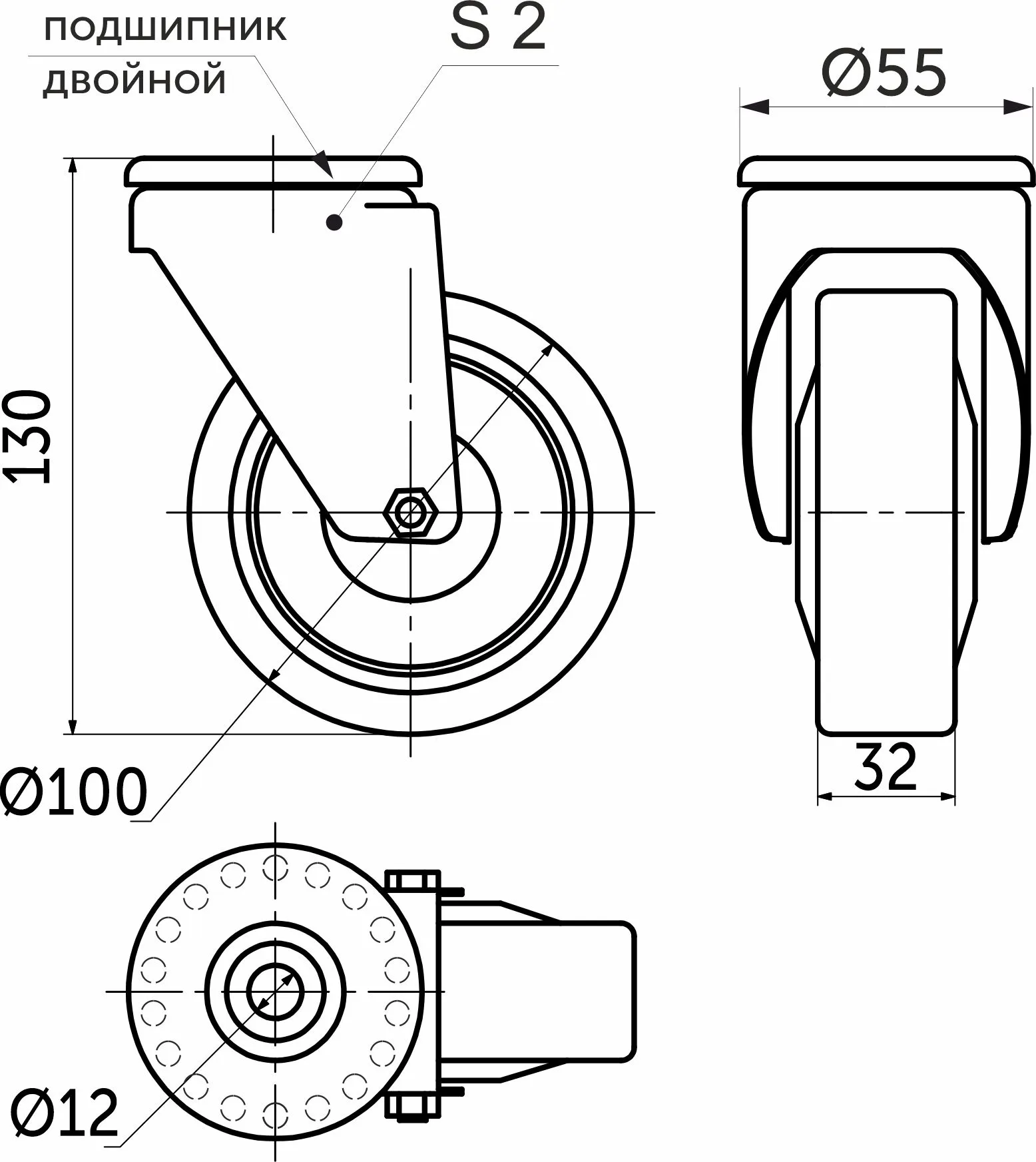 Колесо меб. d100 h130 под винт М12 с рез.ободом, серый/черный AKS