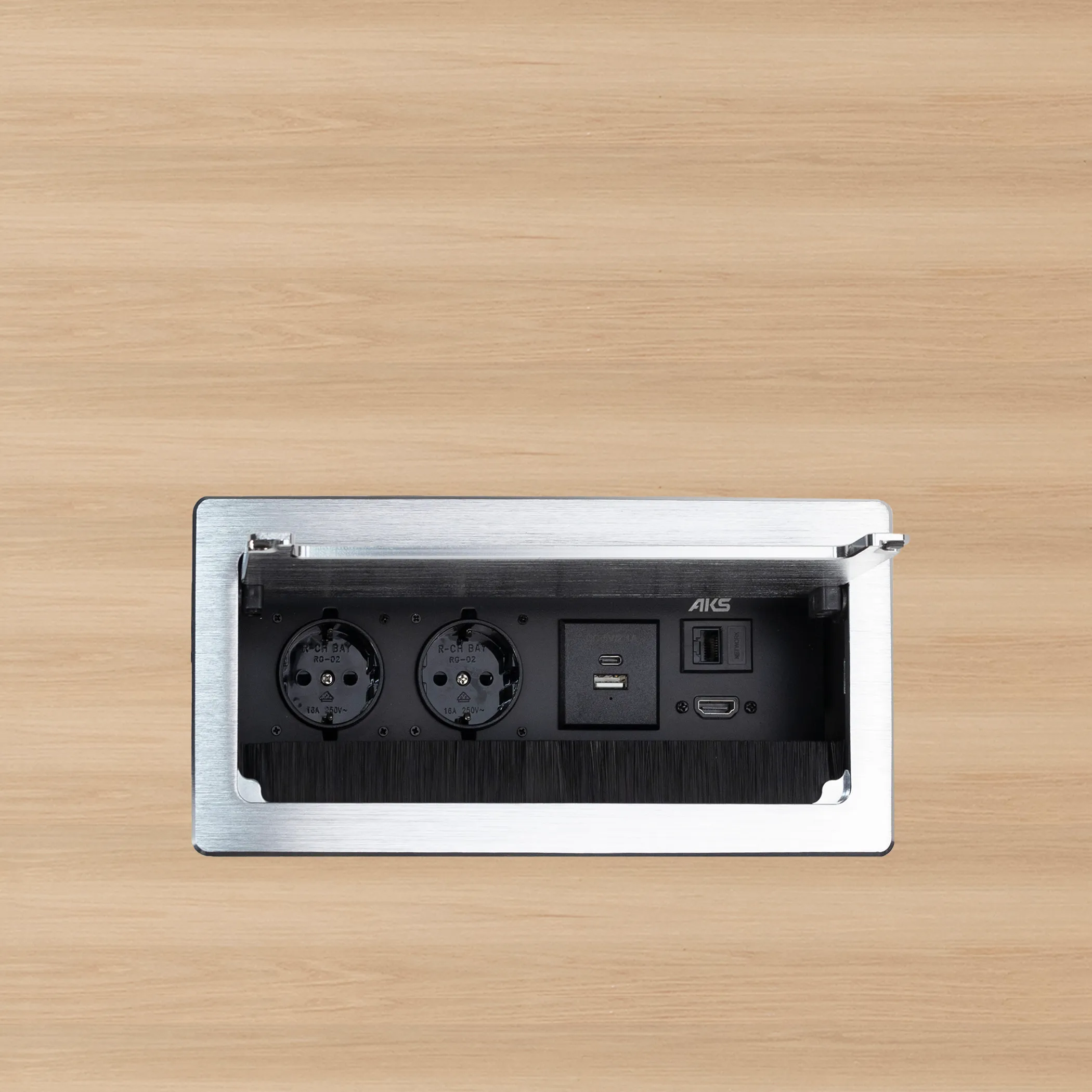 Выдвижной удлинитель Atlas USB, 2 розетки, USB A + C, HDMI, LAN, шлиф. сталь, AKS
