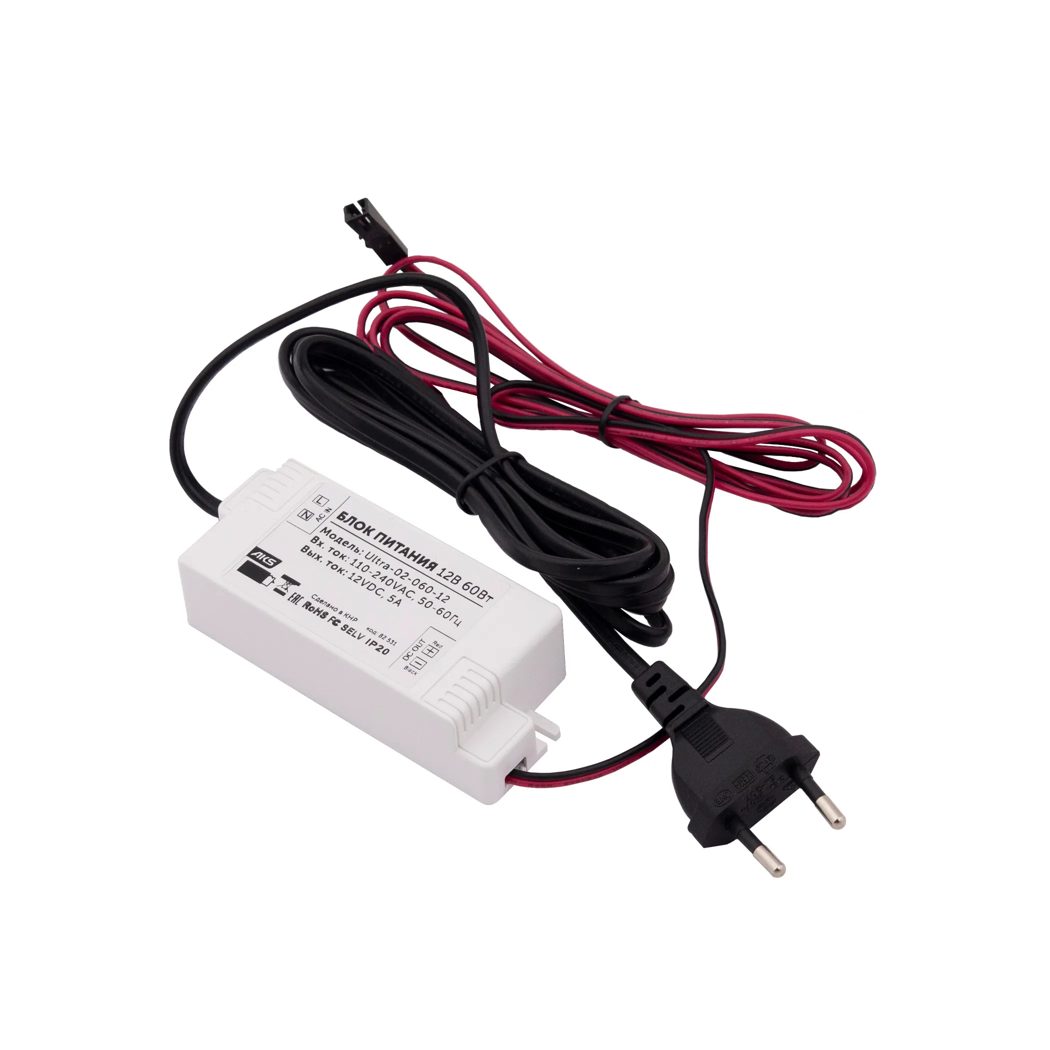 Блок питания Ultra 60W/12V с вилкой и миниконнектором (по 2 м), AKS