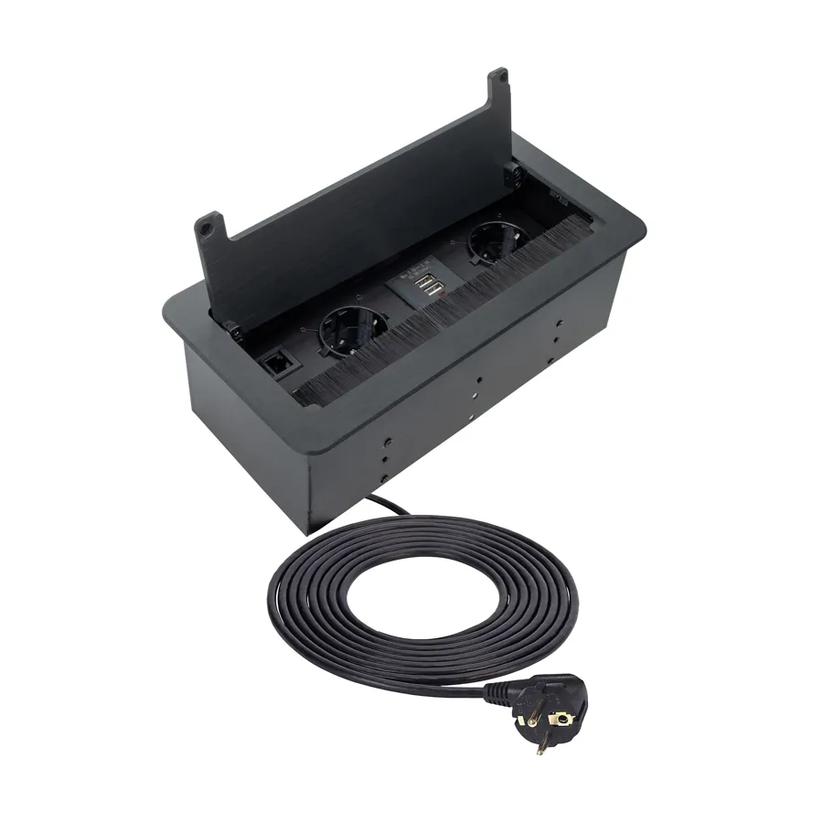 Выдвижной удлинитель 2 розетки, 1xUSB-A, 1xUSB-C, HDMI, LAN, черный, провод 1.5м, HLT
